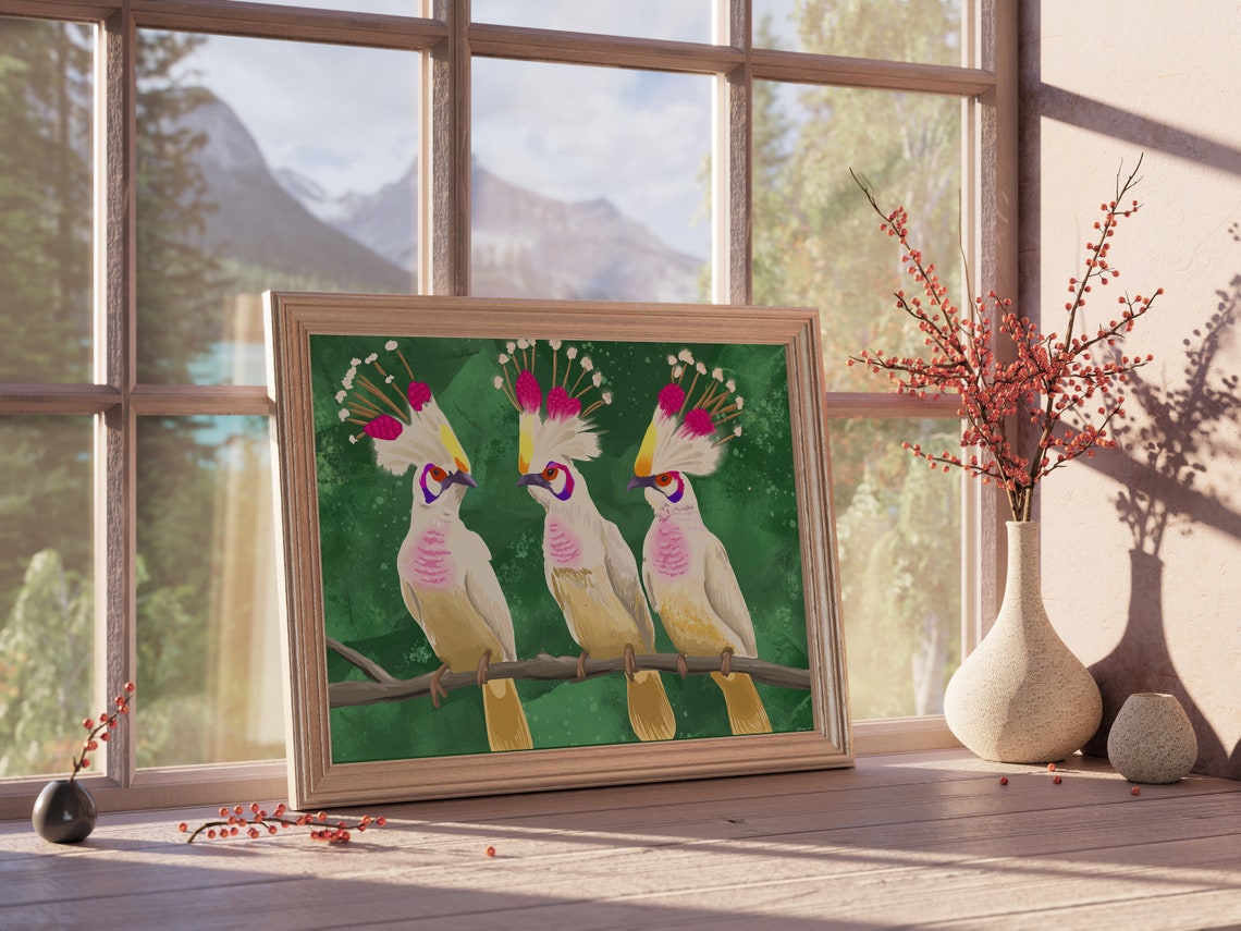 Three Crested White Birds on Branch Green Background Wildlife Print - Image 5