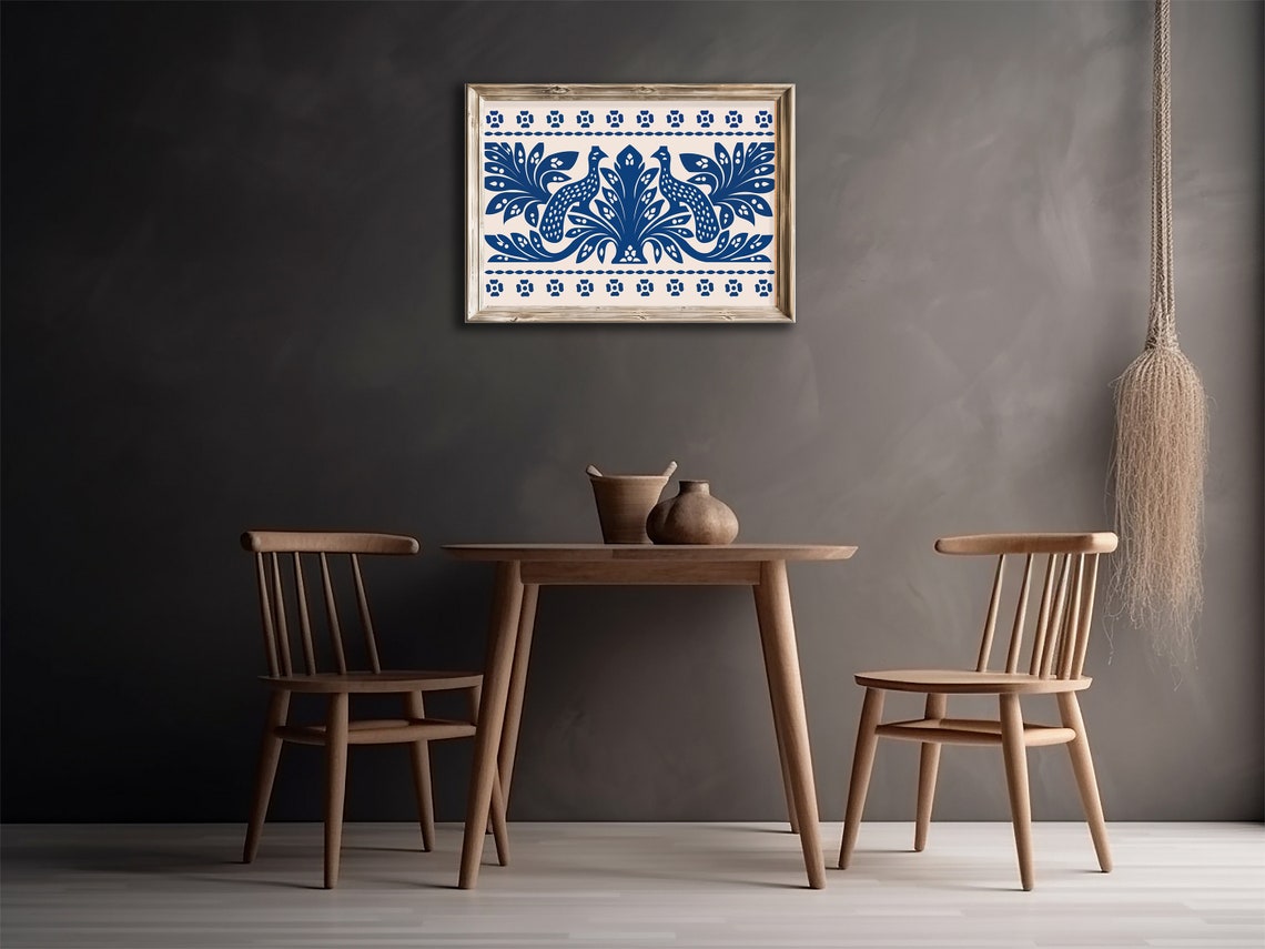 Navy Blue Peacock Folk Art Symmetrical Turkish Style Wall Print - Image 3