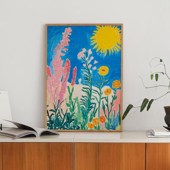 Abstract Sun Flowers Colorful Botanical Hand Drawn Gouache Poster