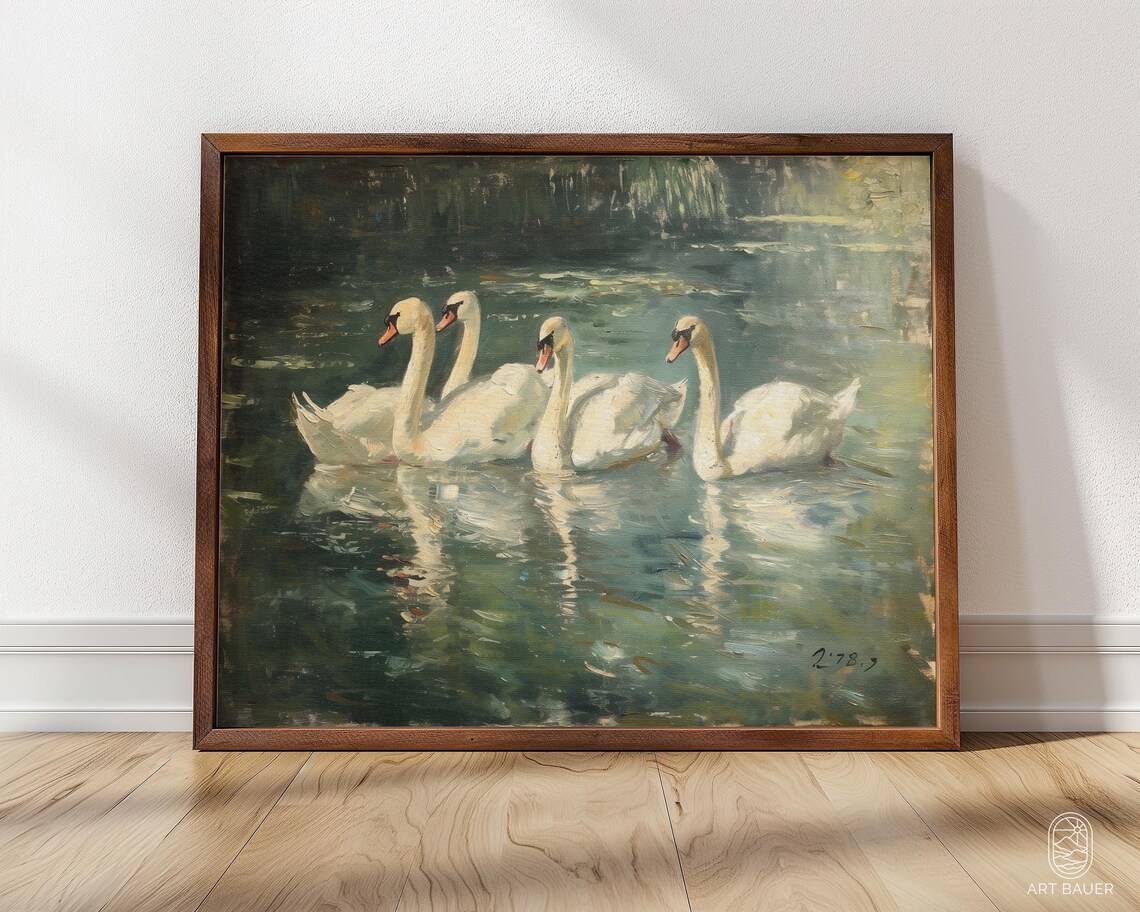 Elegant Swans Rustic Home Decor Wall Art Print