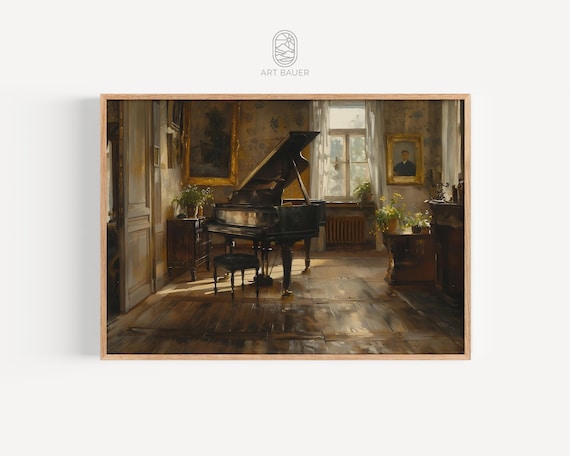 Lonely Grand Piano Sunlit Elegant Music Room Oil Painting Poster