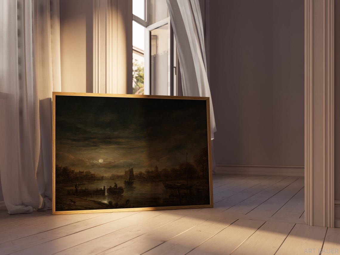 River Landscape In Moonlight Framed Print Aert Van Der Neer 1650 Dutch River Scene Moonlit Landscape - Image 5