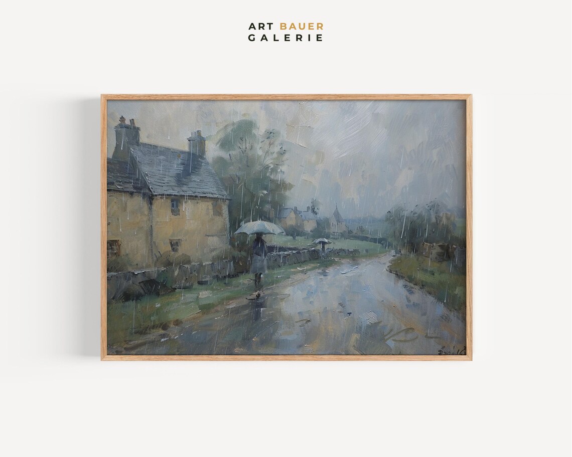 Rainy Cotswolds Country Road Stone Cottage Umbrella Countryside Poster