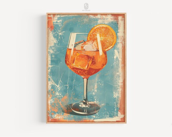 Aperol Spritz Cocktail Vintage Style Orange Bar Art Kitchen Wall Poster