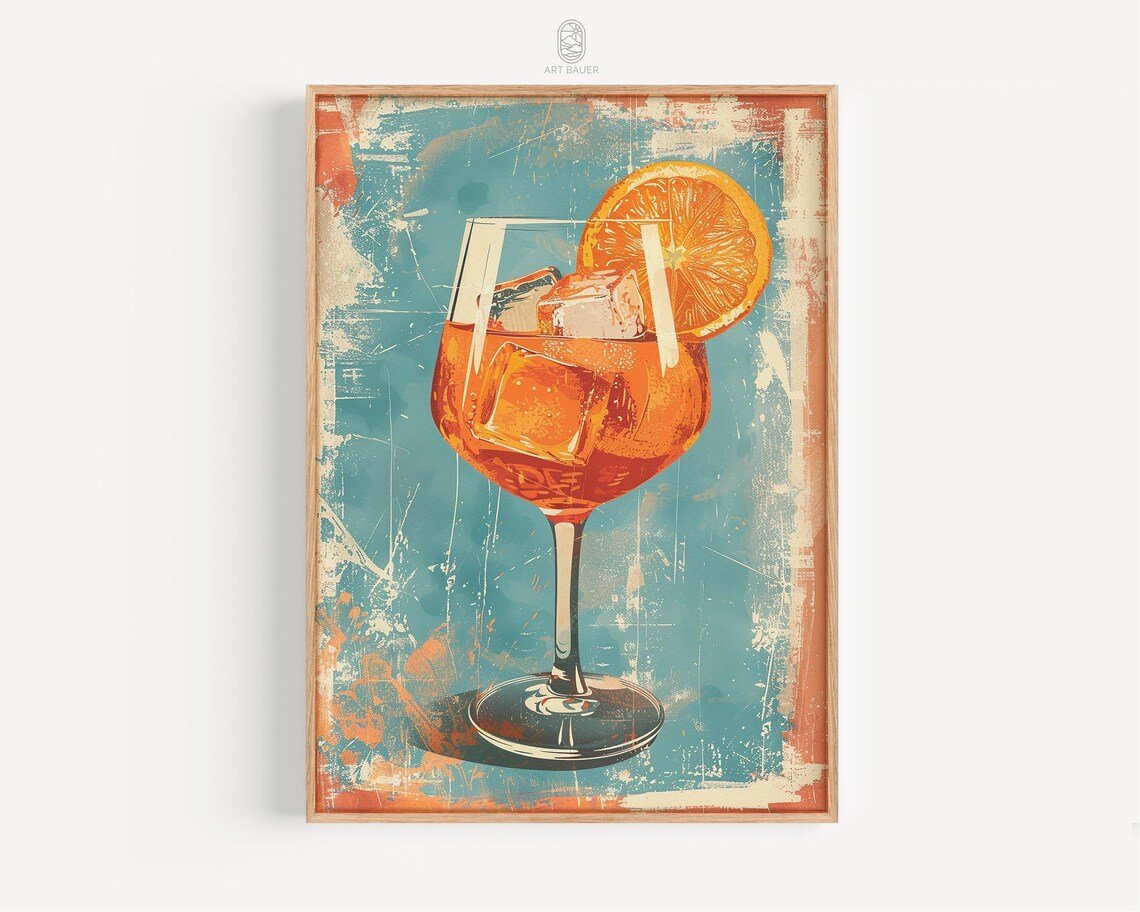 Aperol Spritz Cocktail Vintage Style Orange Bar Art Kitchen Wall Poster