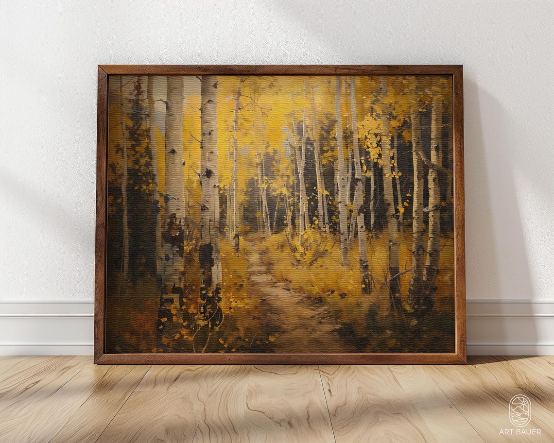 Birch Forest in Autumn Golden Aspen Grove Winding Path Fall Art Poster