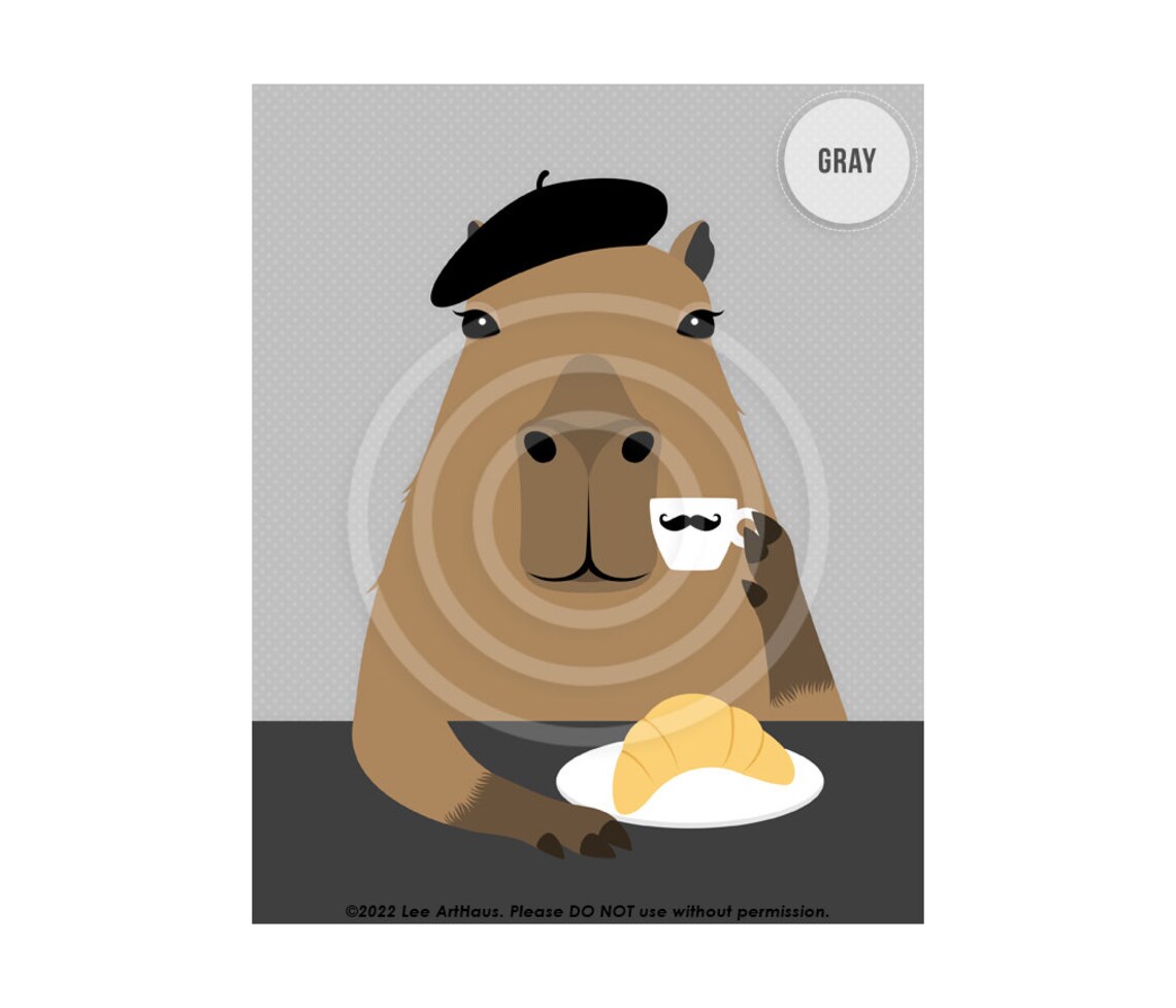 Capybara in Beret Drinking Coffee With Croissant Parisian Poster - Image 3