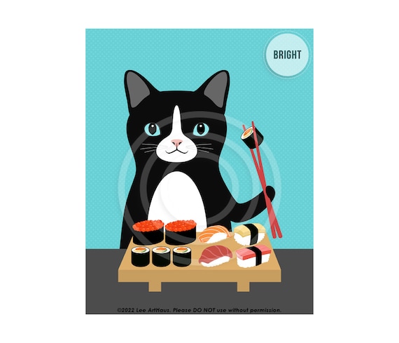 Black And White Cat Eating Sushi Platter Funny Cat Food Wall Art Poster
