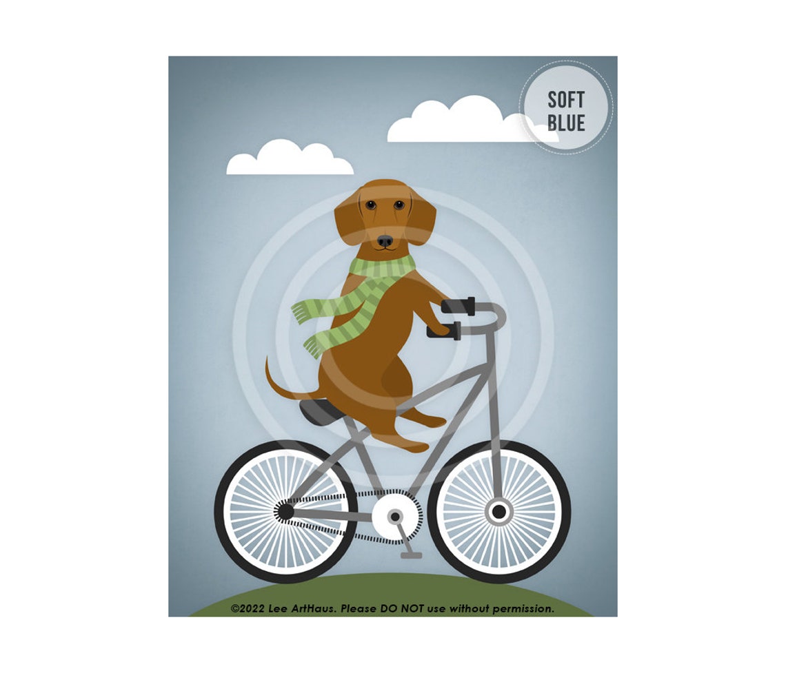 Red Dachshund Riding Bicycle With Green Scarf Cute Dog Art Poster - Image 2