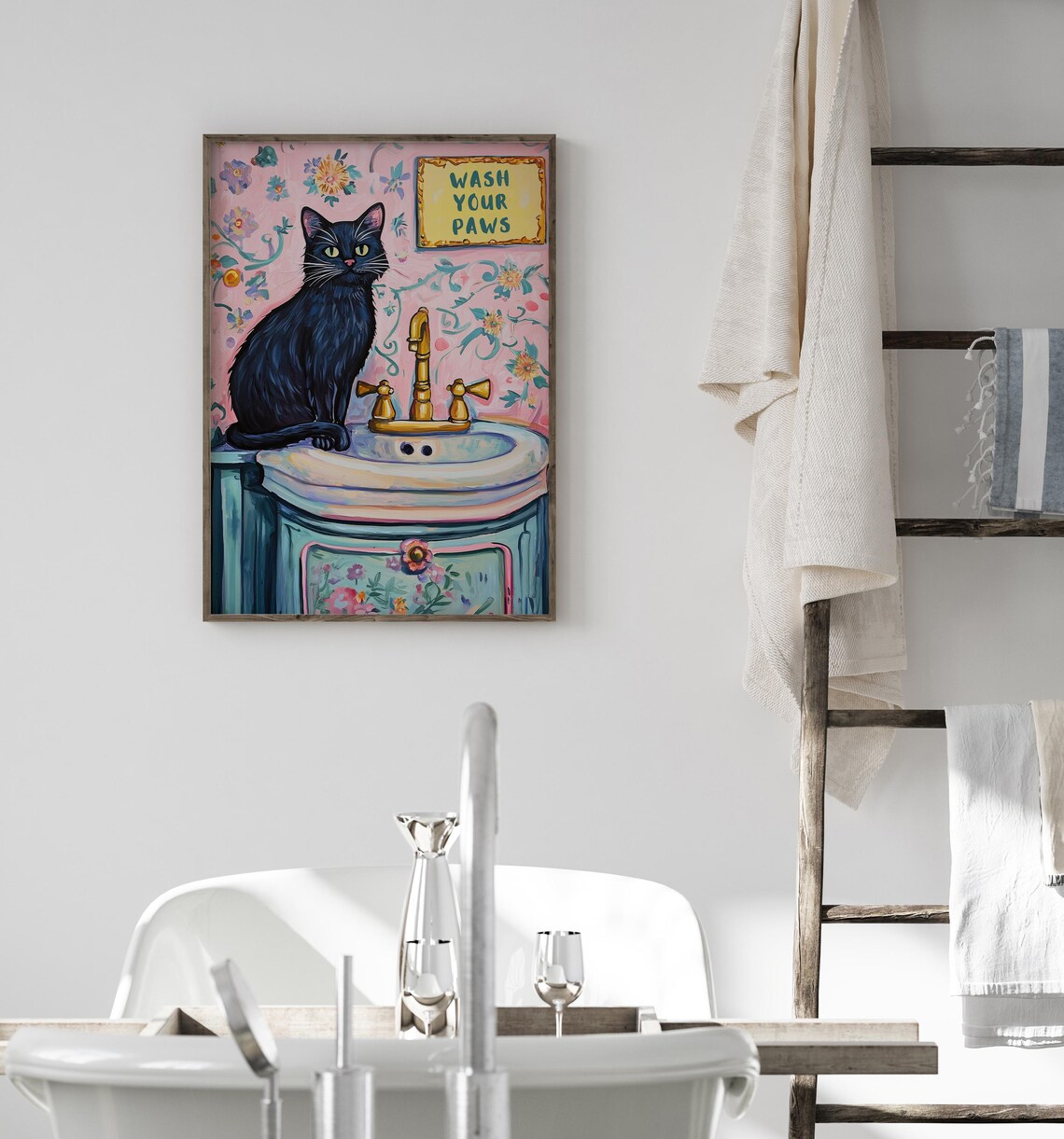 Wash Your Paws Funny Cat Bathroom Art Print - Image 4
