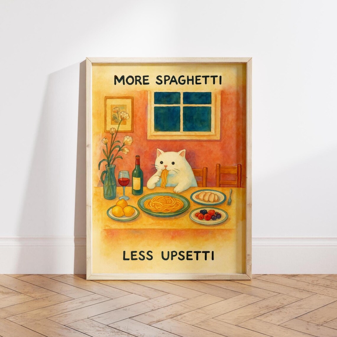 More Spaghetti Less Upsetti, Funny Cat Kitchen Art