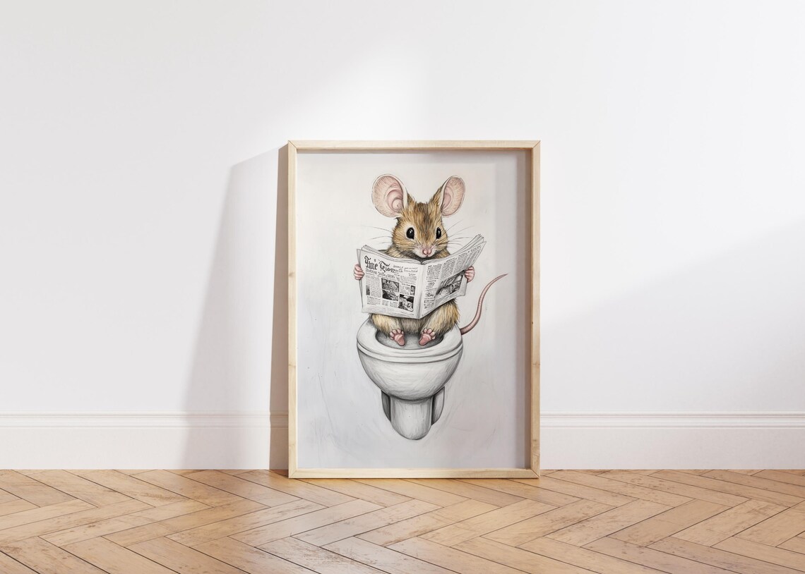 Mouse Reading A Newspaper Bathroom Art Print - Image 6