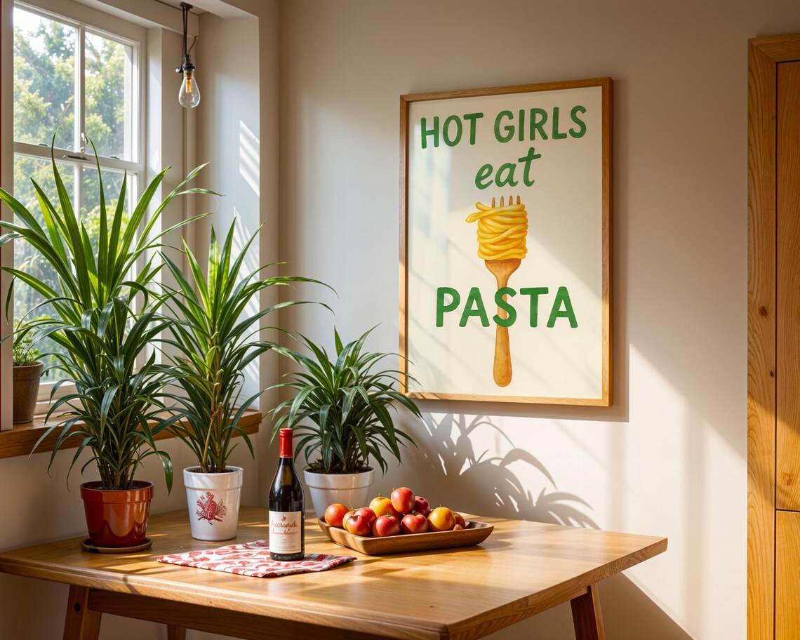 Hot Girls Eat Pasta Watercolor Kitchen Quote - Image 4