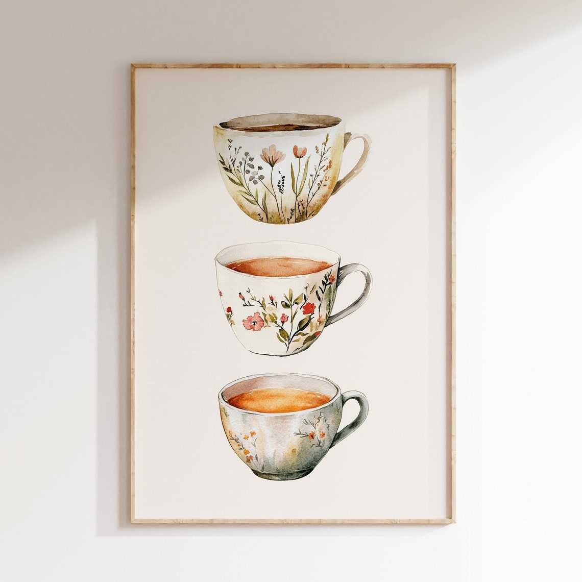 Watercolor Floral Teacups Trio Stacked Tea Cups Kitchen Wall Art