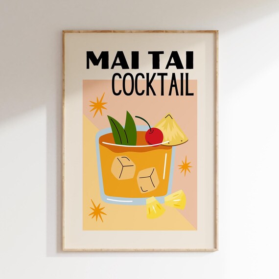 Mai Tai Cocktail Retro Tiki Drink Illustration Bar Cart Poster
