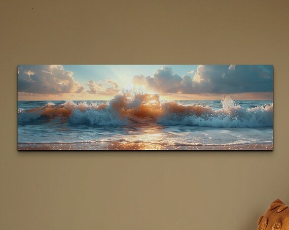 Golden Ocean Waves Breaking Sunset Surf Dramatic Seascape Wall Art
