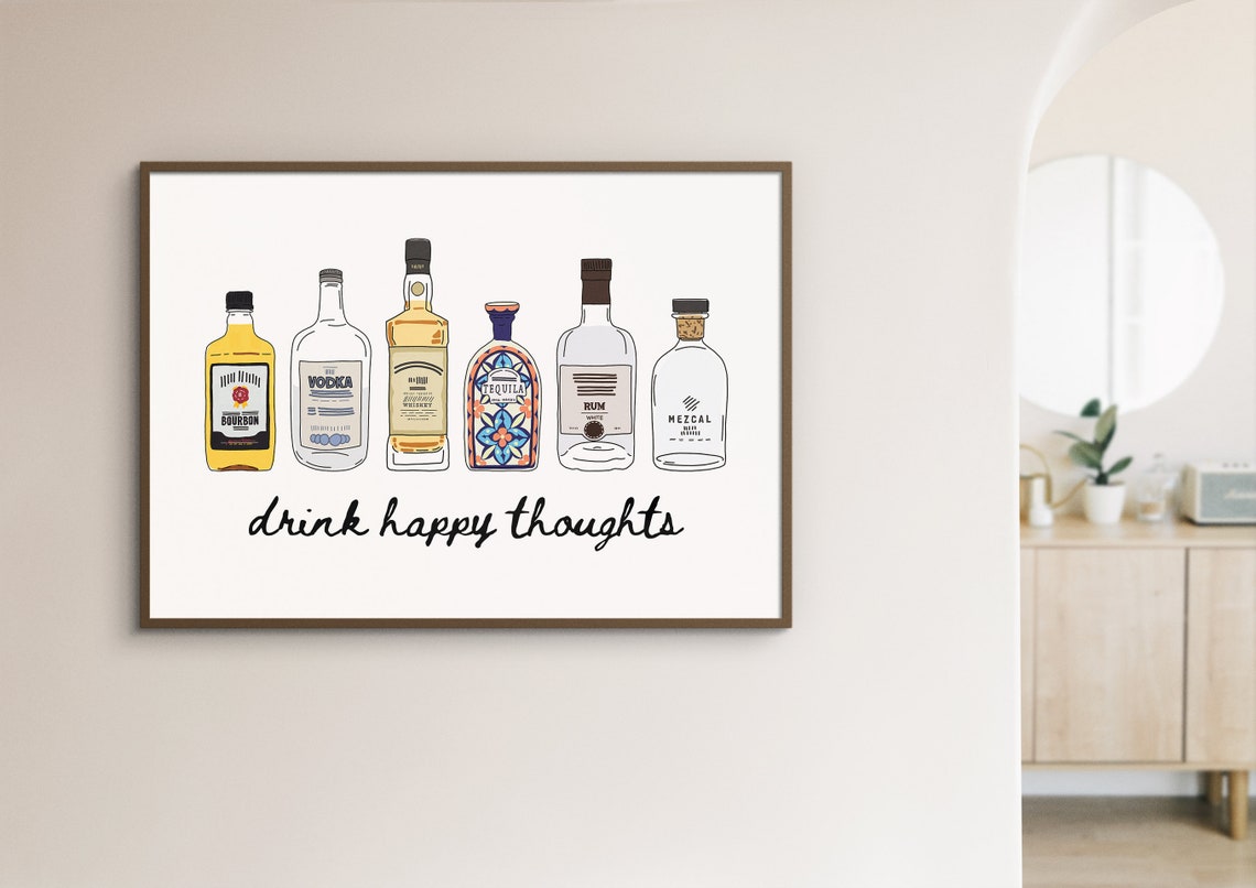 Drink Happy Thoughts Liquor Bottle Lineup Bar Cart Art Poster - Image 4