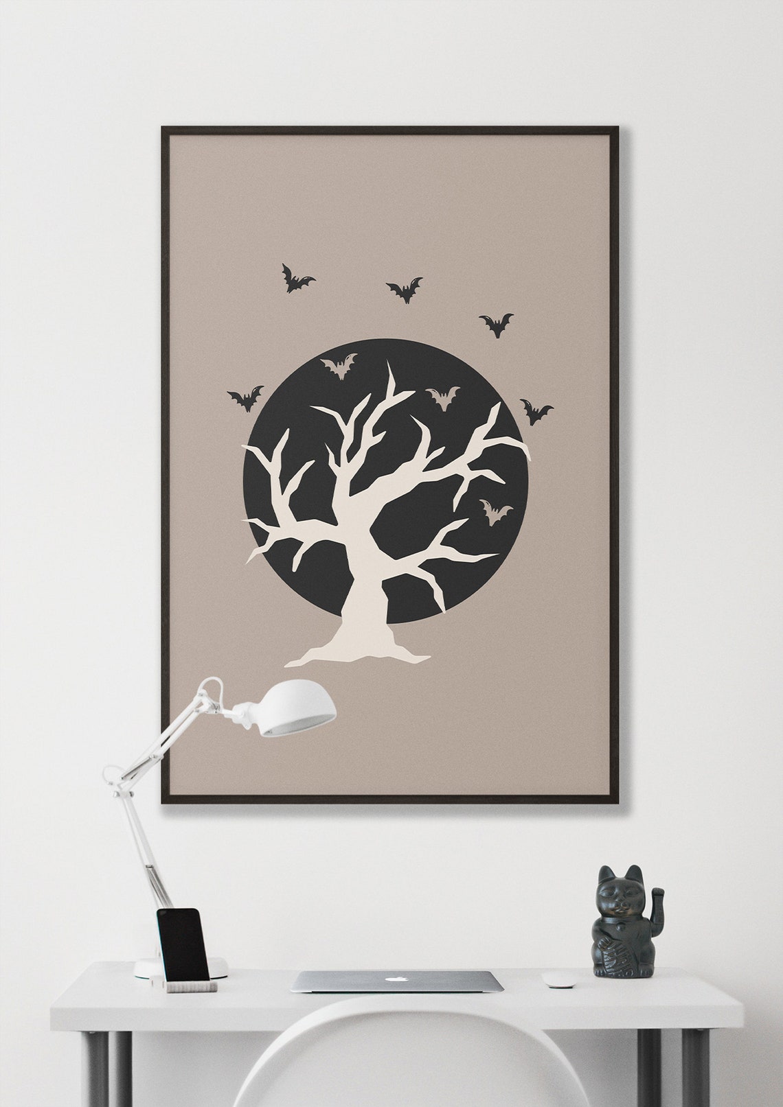 Spooky Bare Tree Black Moon Bats Minimalist Halloween Art Poster - Image 2