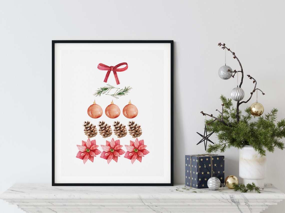 Watercolor Botanical Christmas Tree Made Of Holiday Ornaments Poster - Image 2