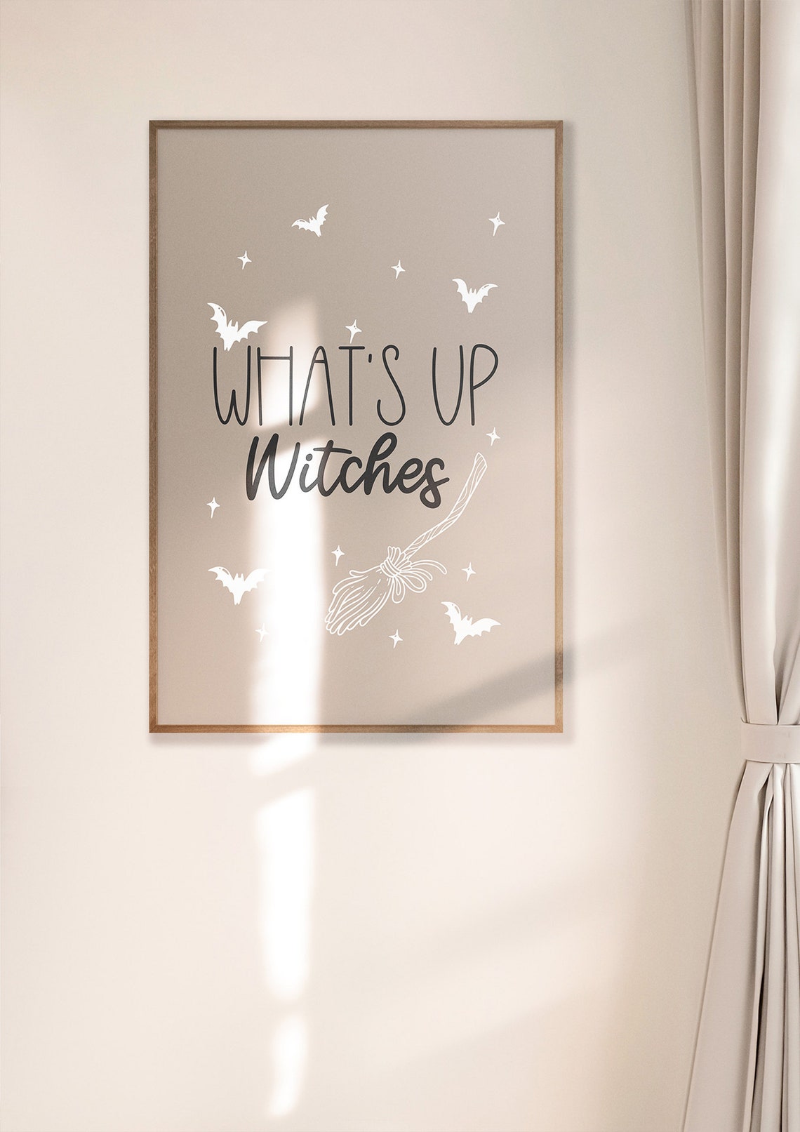 Whats Up Witches Broomstick Bats Neutral Beige Halloween Poster - Image 4