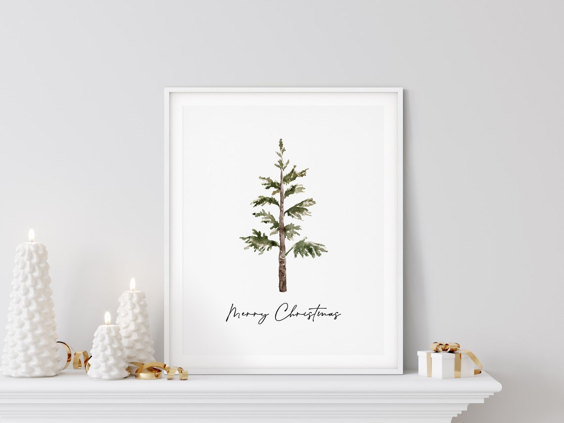 Merry Christmas Watercolor Pine Tree Minimalist Holiday Art Poster - Image 2