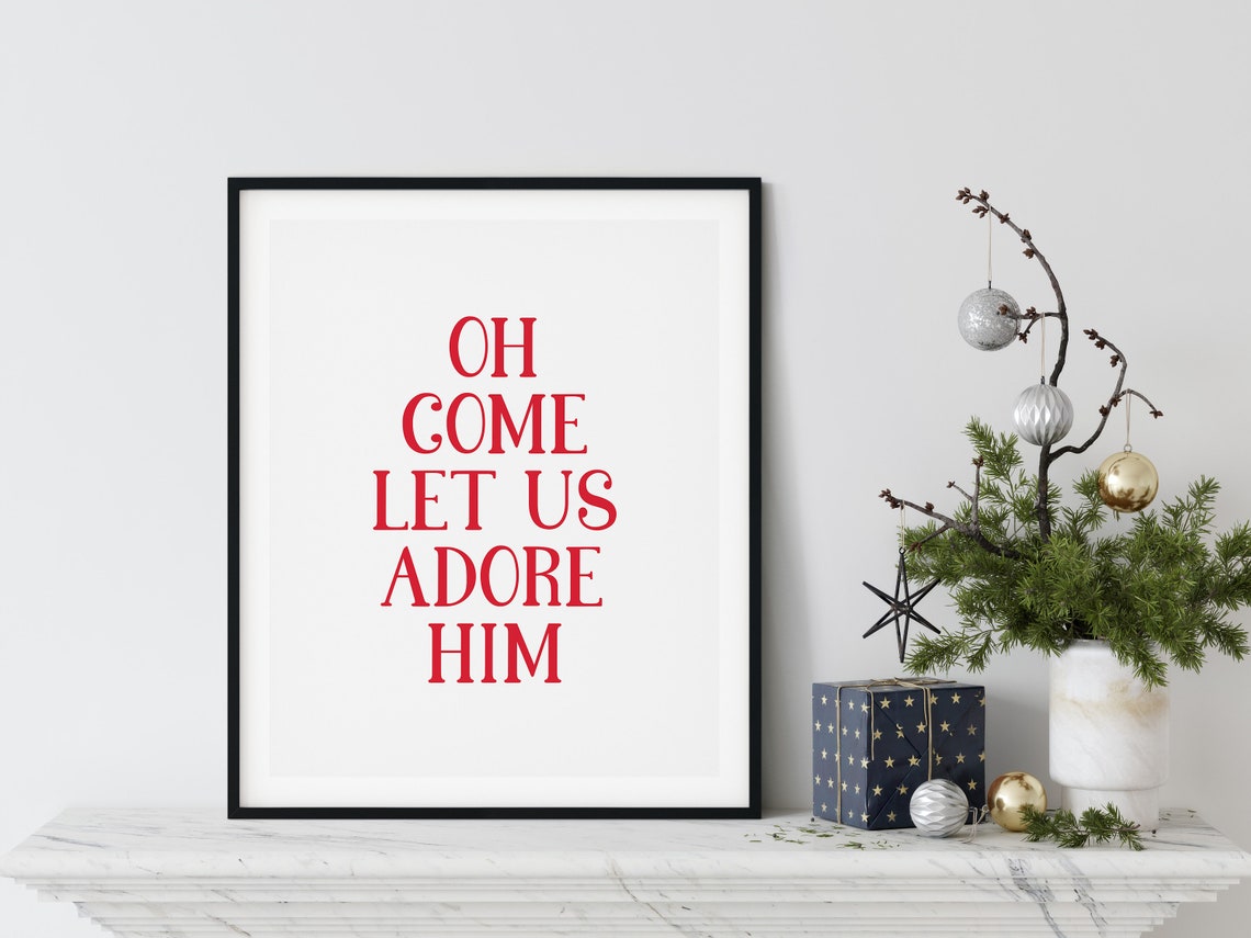 Oh Come Let Us Adore Him Carol Lyric Red Faith Christmas Poster - Image 5
