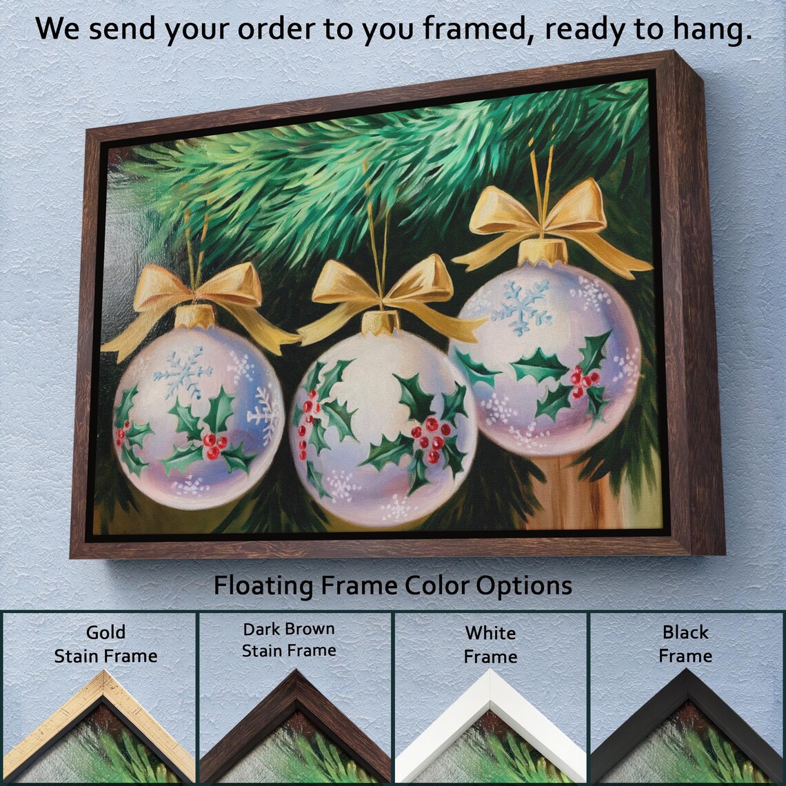 White Christmas Ornaments Gold Bows Holly Berries Pine Holiday Poster - Image 3