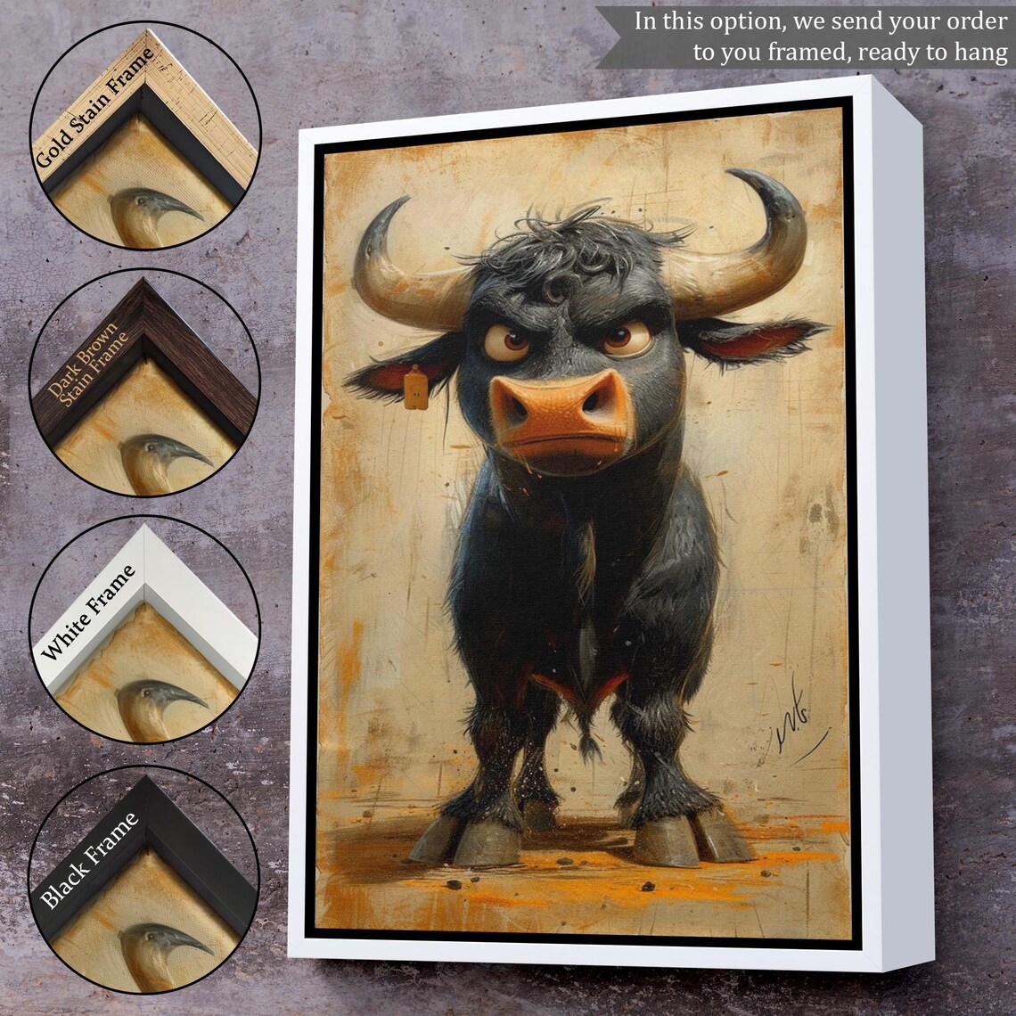 Cute Grumpy Bull Cartoon Vintage Style Playful Animal Wall Art - Image 3