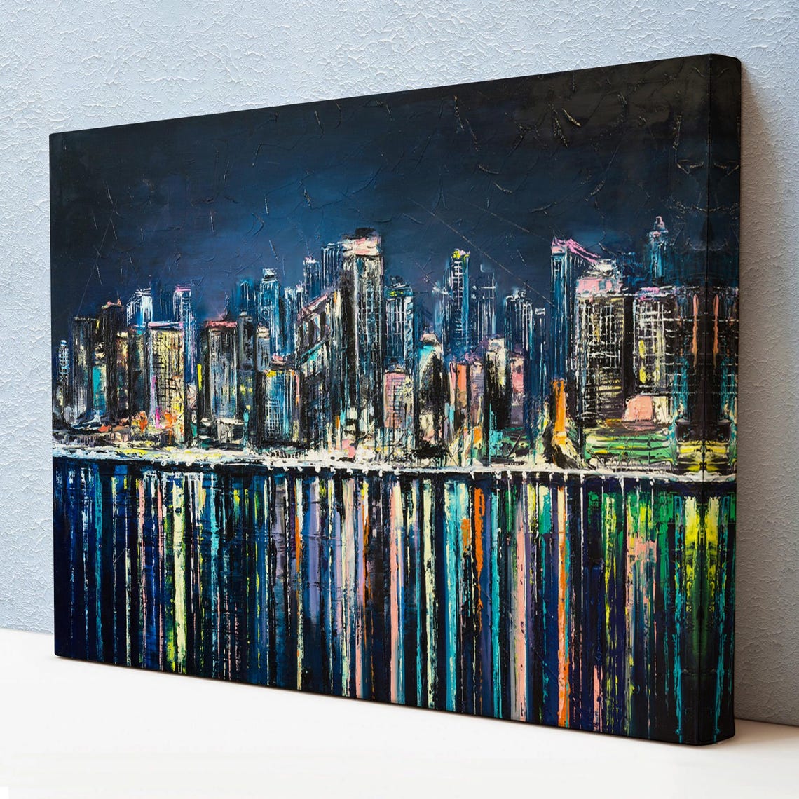 Abstract Night City Skyline Reflections Neon Lights Oil Style Poster