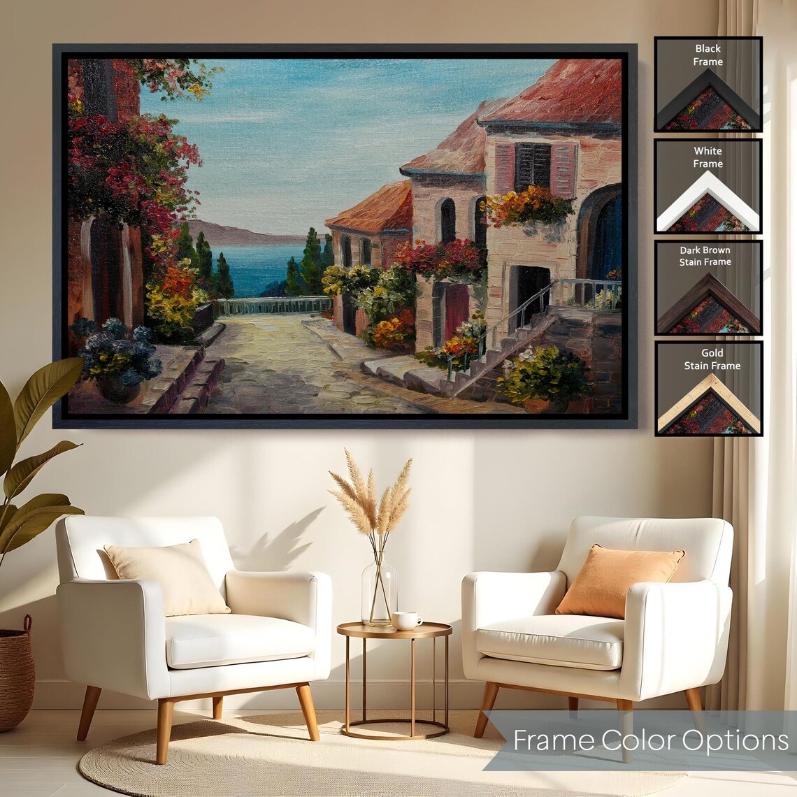 Mediterranean Coastal Town Flower Street Old Town Sea View Poster - Image 2