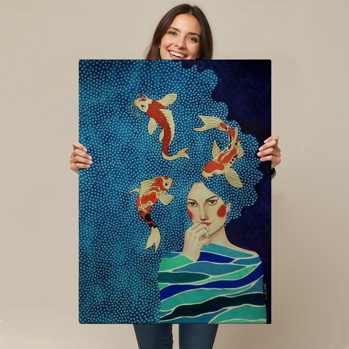 Surreal Woman Koi Fish Blue Wave Hair Dreamlike Ocean Art Poster - Image 4