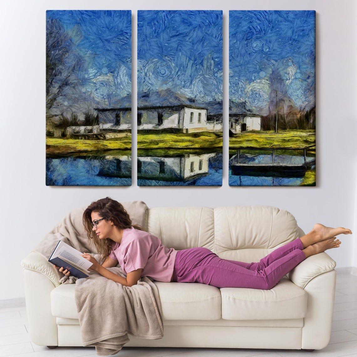 Starry Night Swirling Sky White House By The Lake Art Print Poster - Image 3