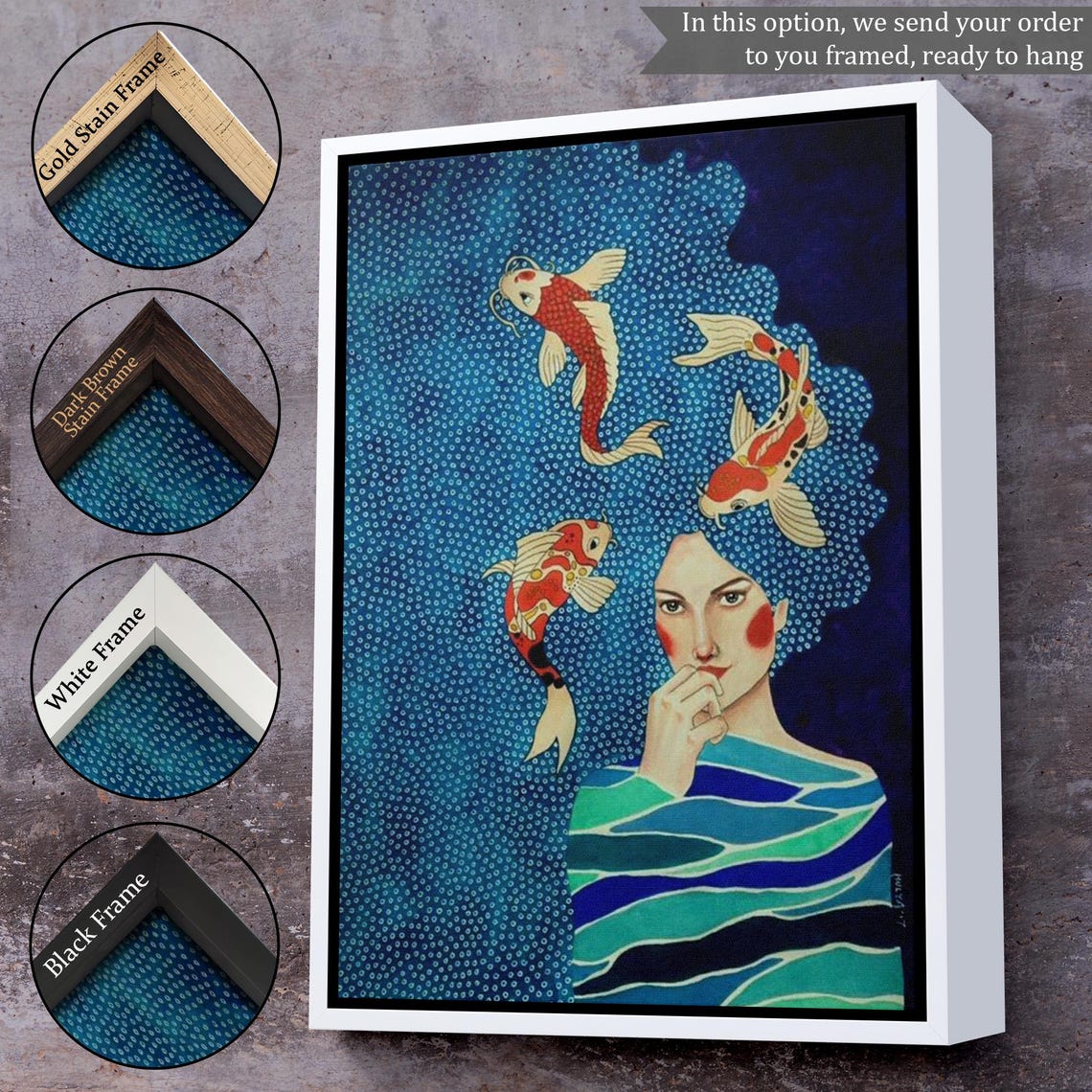 Surreal Woman Koi Fish Blue Wave Hair Dreamlike Ocean Art Poster - Image 3
