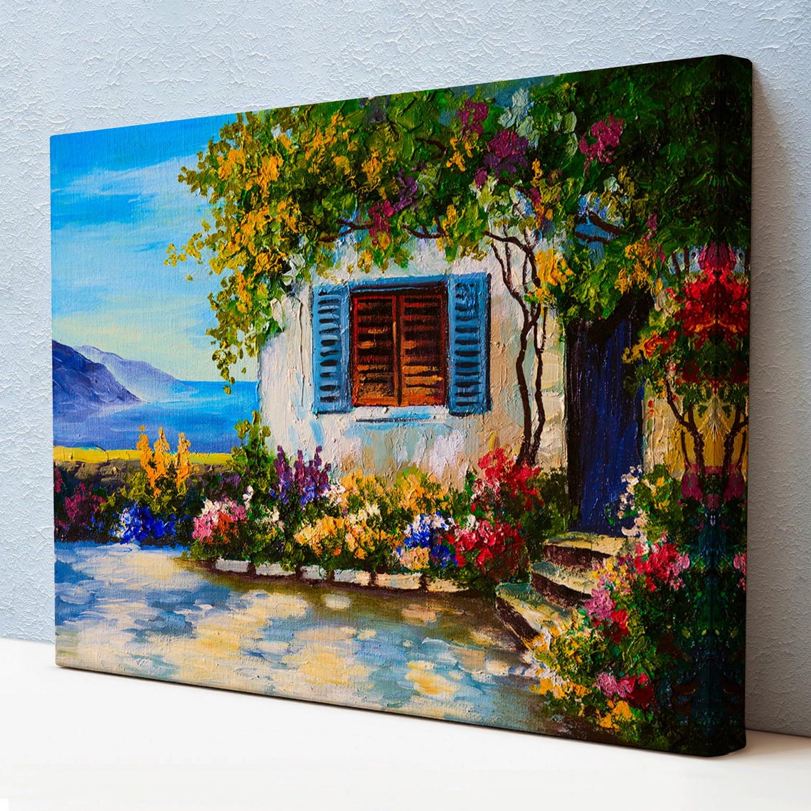 Mediterranean Coastal Cottage Blue Shutters Sea View Flowers Poster