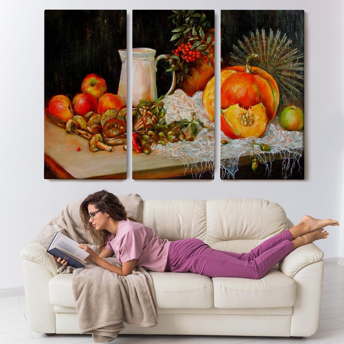 Autumn Still Life Pumpkin Apples Mushrooms Berries Rustic Wall Art - Image 3