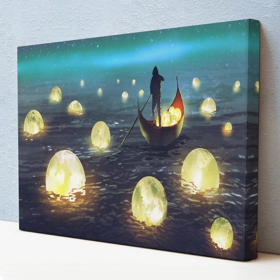 Man Collecting Fallen Moons Boat Surreal Night Fantasy Art Poster