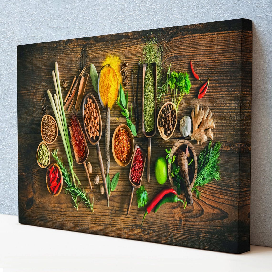 Assorted Kitchen Spices Herbs Wooden Spoons Rustic Table Art Print