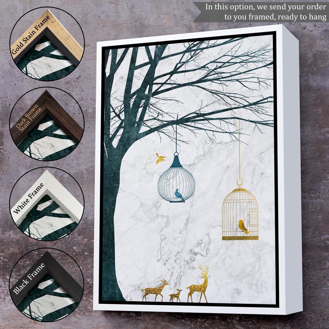 Minimal Golden Deer Birds Hanging Cages Tree Nature Scene Poster - Image 3
