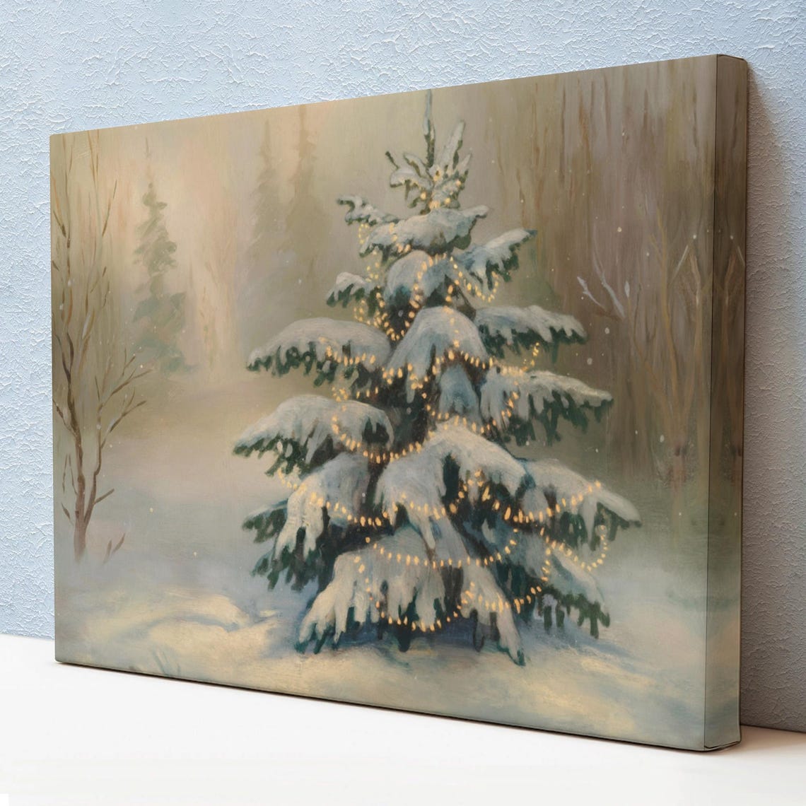Snow Covered Evergreen Warm String Lights Winter Night Painting Poster
