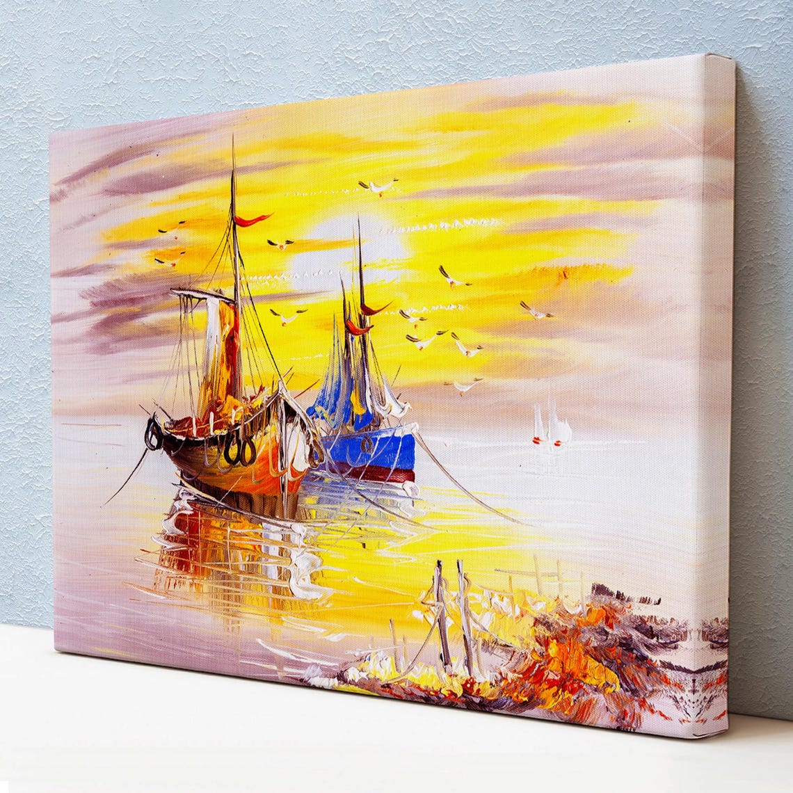 Two Sailboats Moored at Golden Sunset Seagull Sky Seascape Wall Art