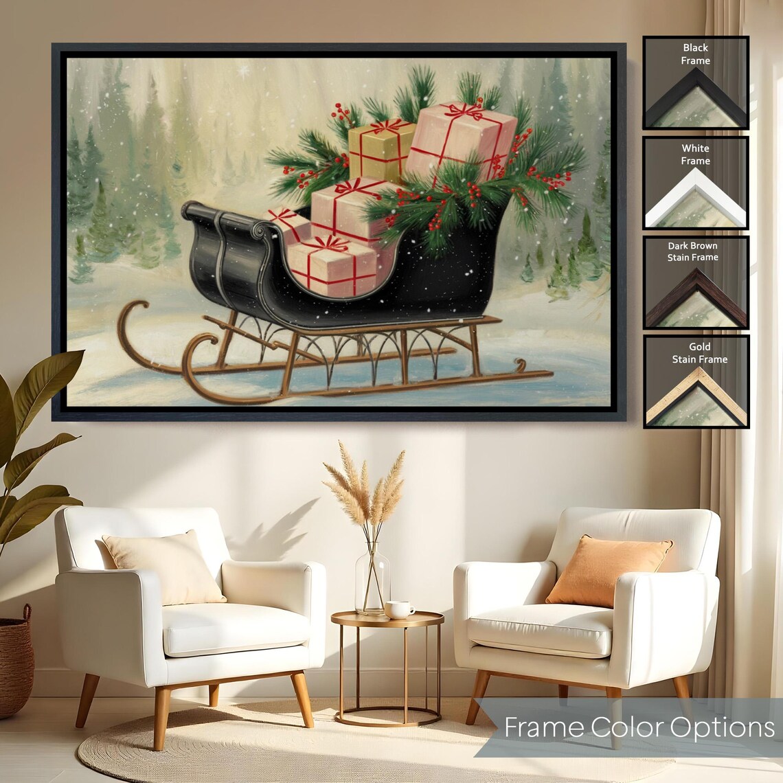 Vintage Black Sleigh Christmas Gifts Pine Snowy Forest Holiday Poster - Image 2