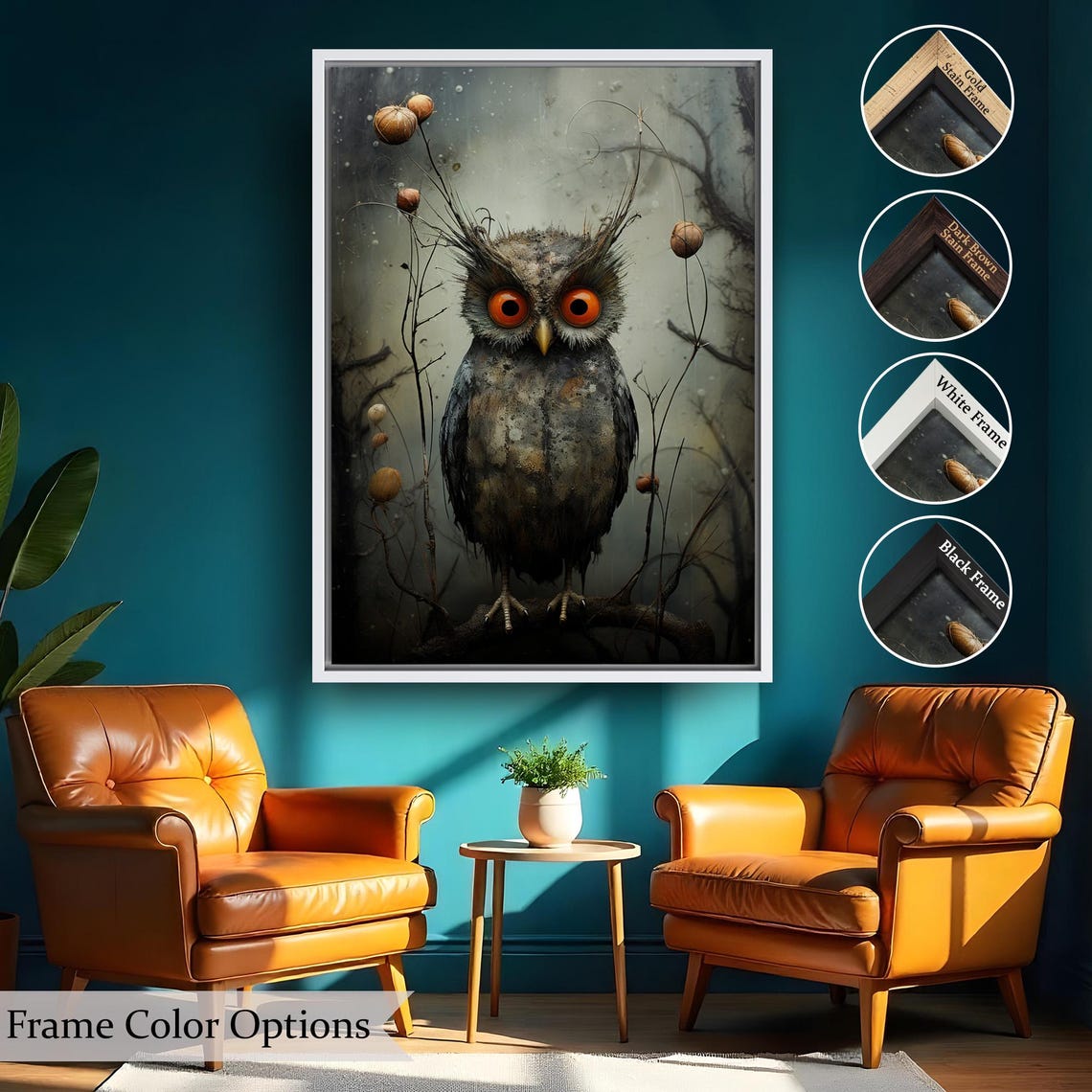 Wide Eyed Scruffy Owl Dried Branches Misty Woodland Art Poster - Image 2