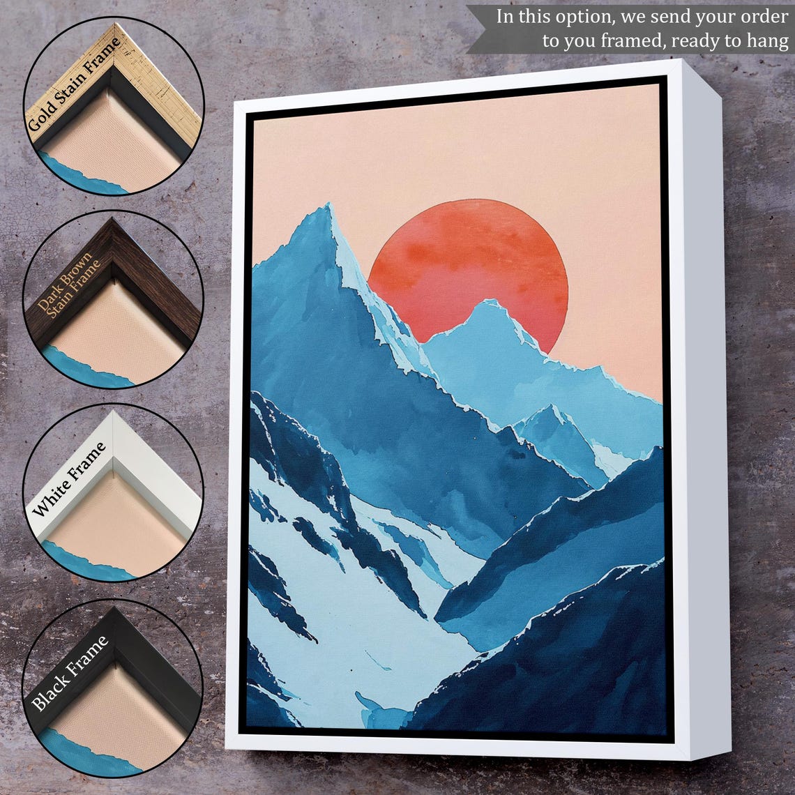 Minimalist Red Sun Blue Mountain Peaks Japanese Style Wall Art - Image 3