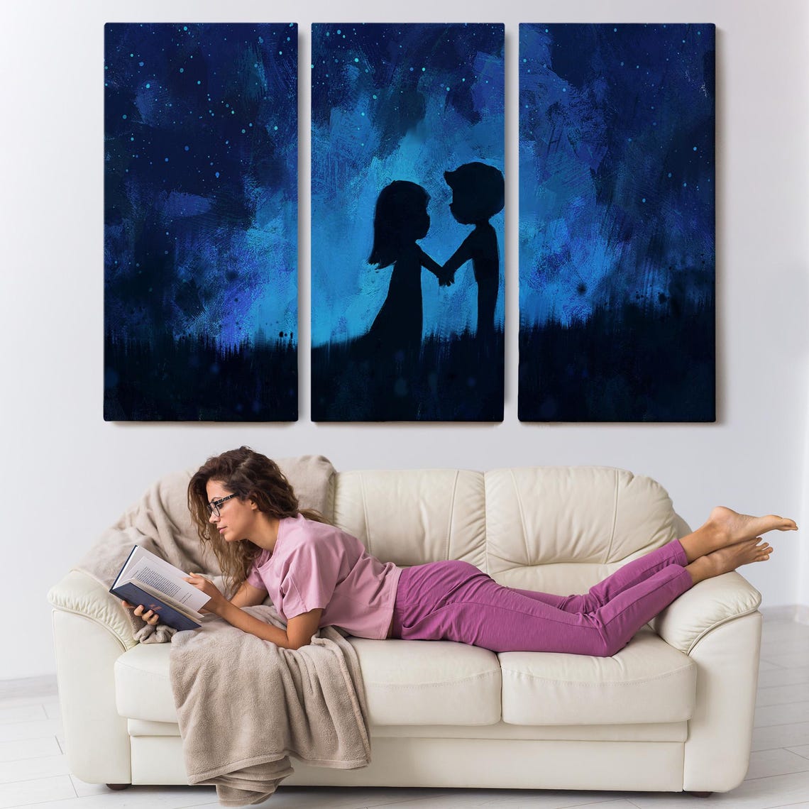 Little Lovers Holding Hands Starry Blue Night Silhouette Art Poster - Image 3