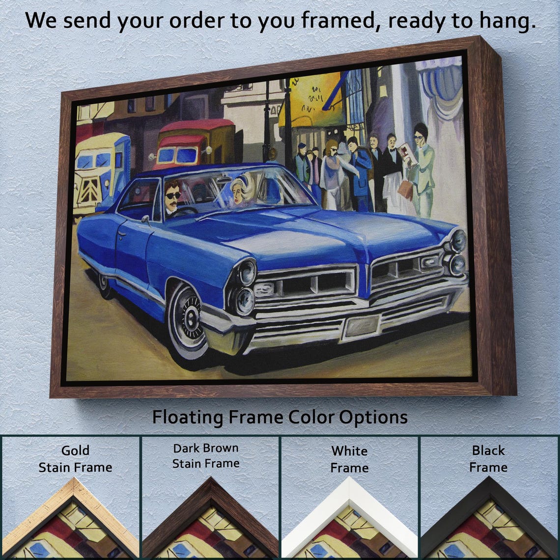 Blue Vintage Classic Car City Street Crowd Retro Urban Scene Poster - Image 3