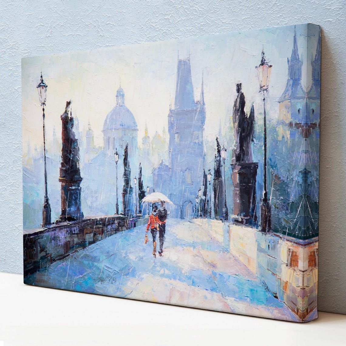 Prague Charles Bridge Rainy Day Couple Umbrella Old Town View Poster