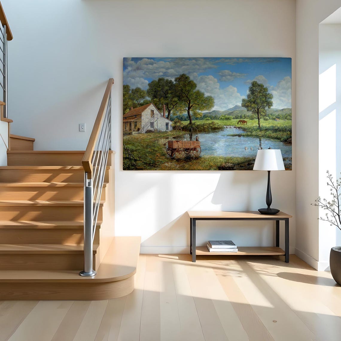Village And Stream Landscape Decorative Wall Painting Nature Wall Decor Nature Art Landscape Wall Table - Image 2