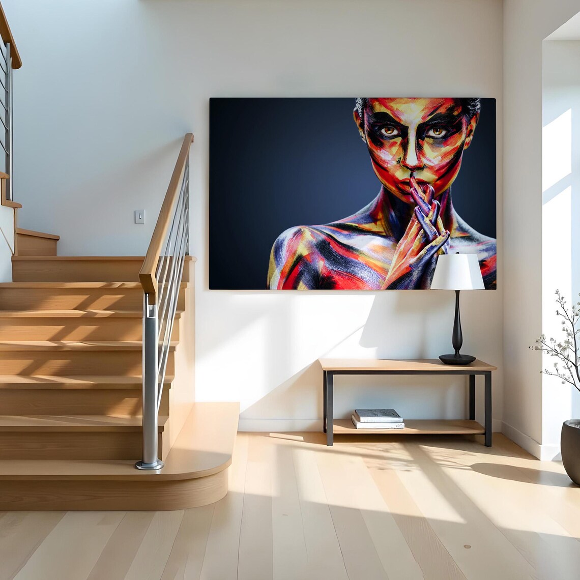 Body Painted Woman Portrait Finger to Lips Bold Color Art Poster - Image 2