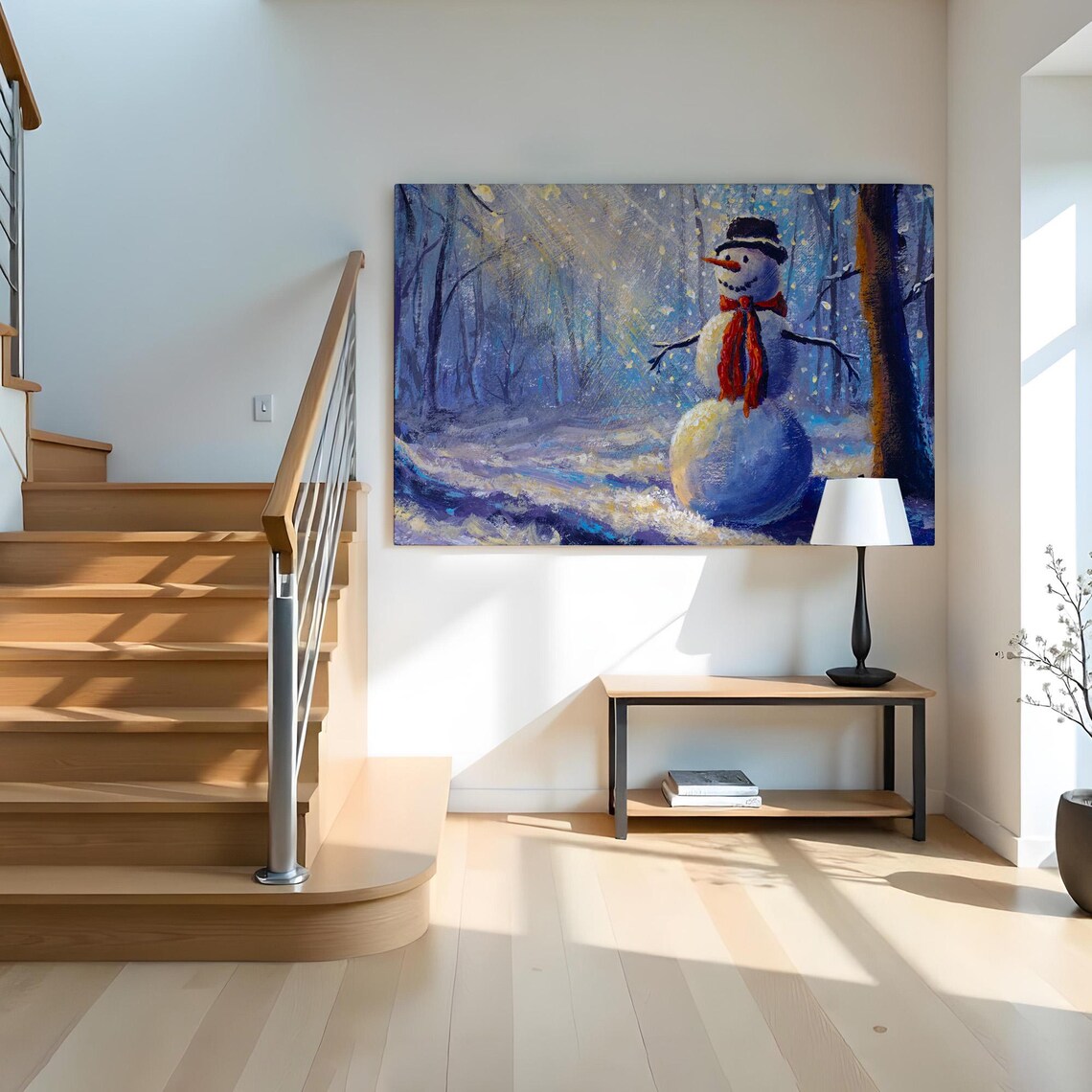 Snowman Illuminated By Sunrays In The Forest Painting Landscape Wall Table Nature Art Nature Wall Decor - Image 2