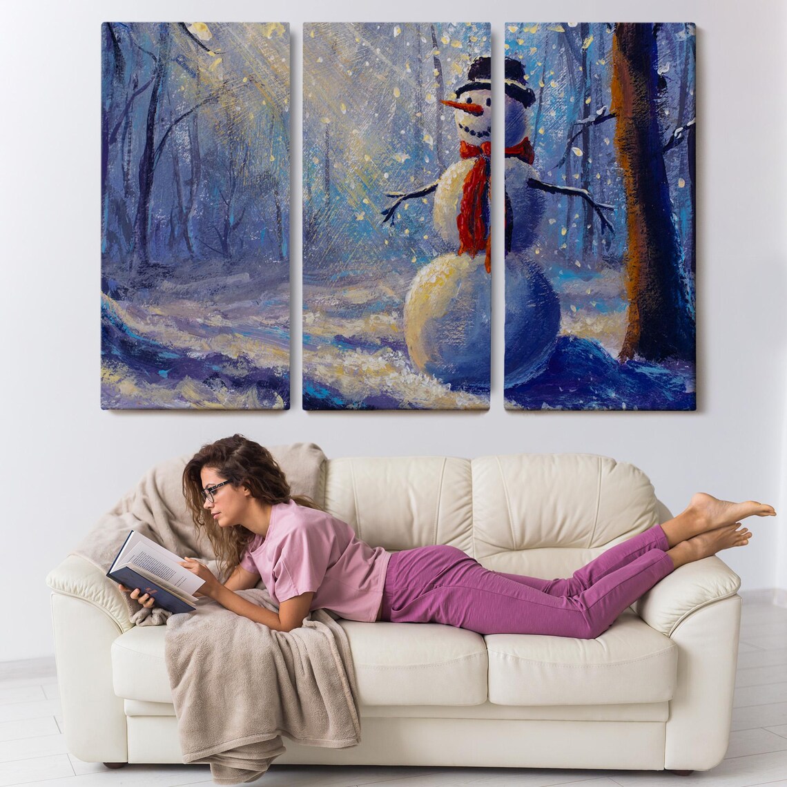 Snowman Illuminated By Sunrays In The Forest Painting Landscape Wall Table Nature Art Nature Wall Decor - Image 3